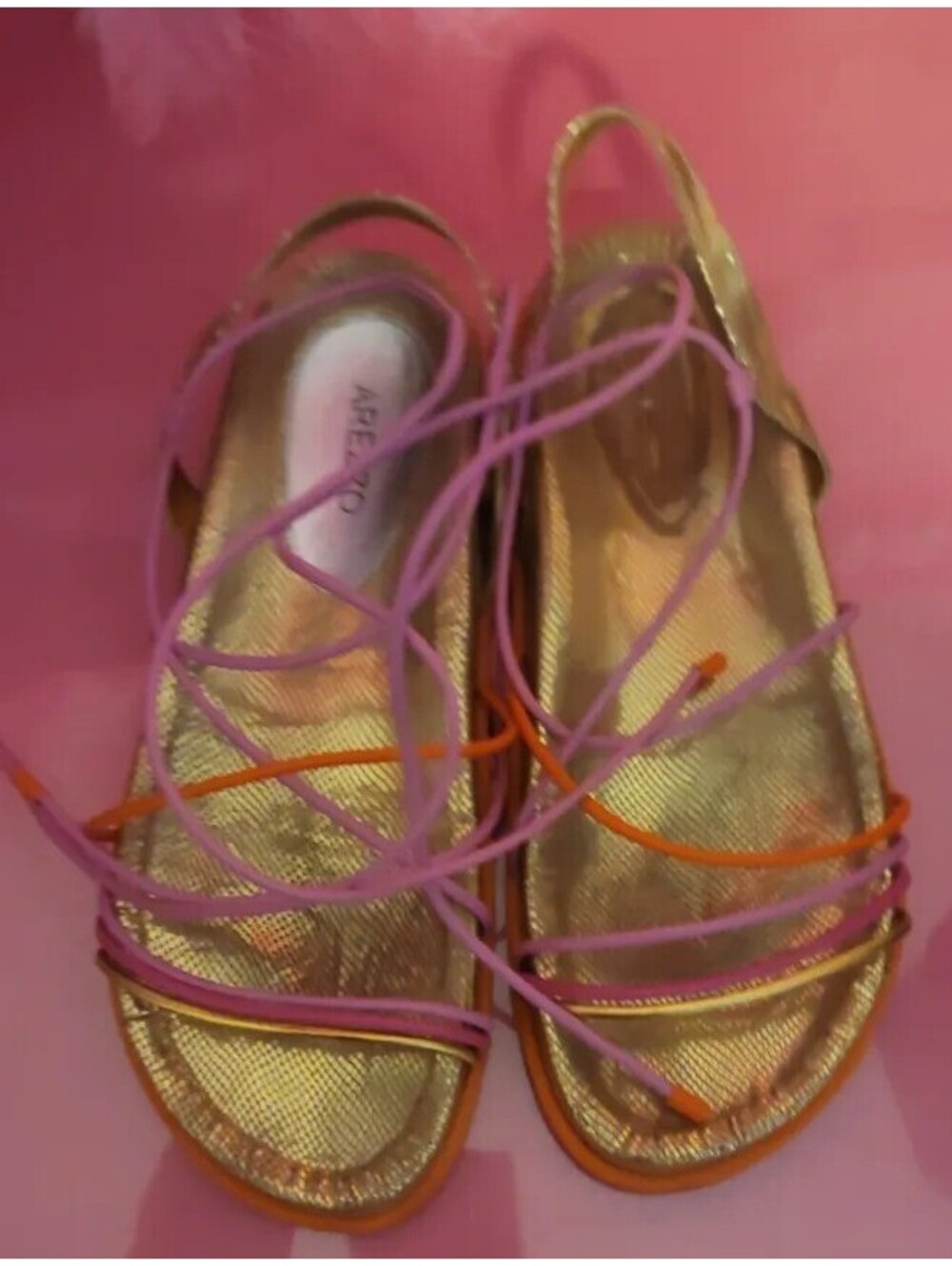 AREZZO MADE IN BRAZIL PINK ORANGE GOLD LACE-UP GLADIATOR SANDALS - EU SIZE 41